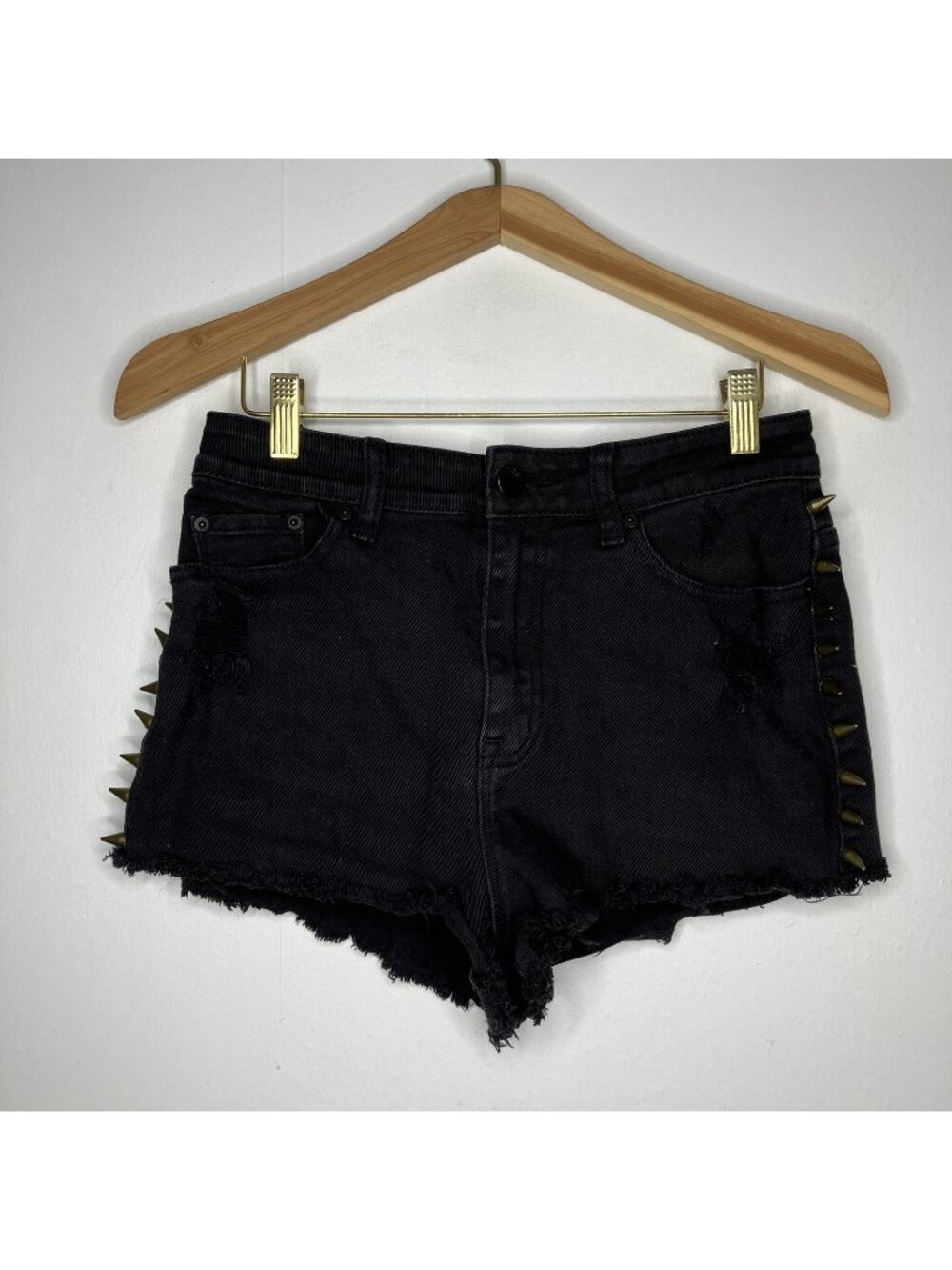 BDG High Rise Cheeky Black Denim Shorts Women's Spikes Distressed Frayed Hem